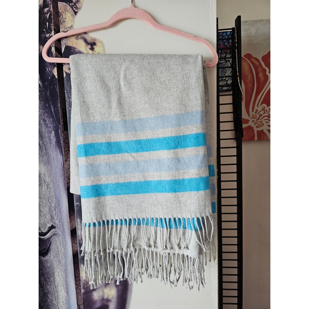 Zighilli Home Made in Italy Grey Blue Striped Cotton Blend Fringe Throw Wrap NEW